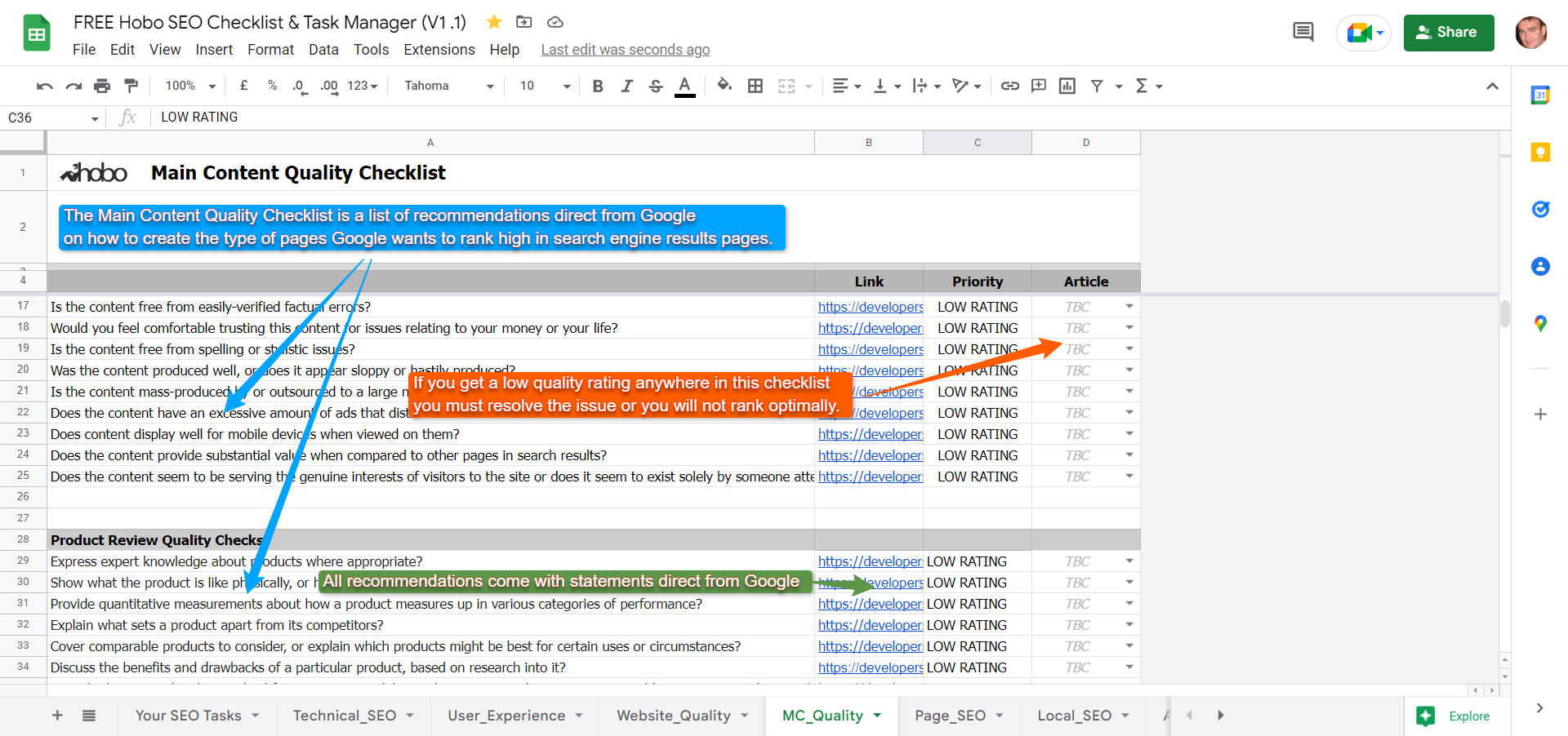 Main Content (MC) quality checklist