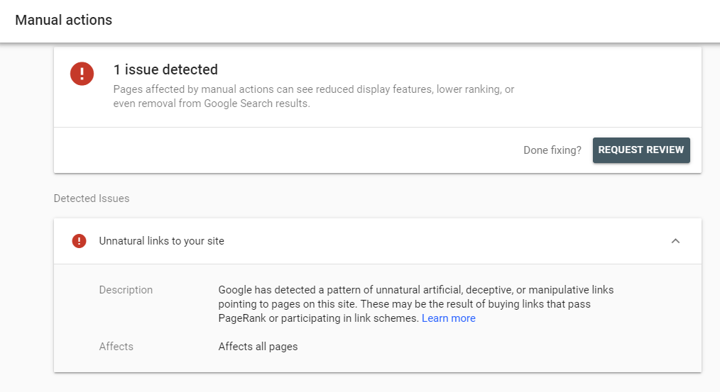 Google has detected a pattern of unnatural artificial, deceptive, or manipulative links pointing to pages on this site.