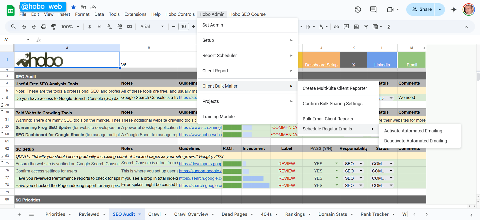 Bulk emailing client reports using Hobo SEO Dashboard.