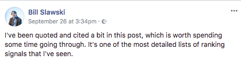 Bill Slawski: "I've been quoted and cited a bit in this post, which is worth spending some time going through. It's one of the most detailed lists of ranking signals that I've seen."