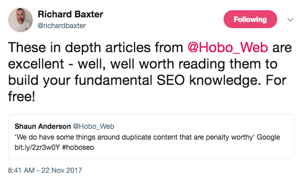 QUOTE: "These in depth articles from @Hobo_Web are excellent - well, well worth reading them to build your fundamental SEO knowledge. For free!"