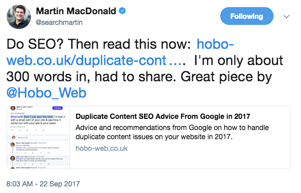 QUOTE: "Do SEO? Then read this now: I'm only about 300 words in, had to share. Great piece by @Hobo_Web"