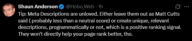 Shaun Anderson on X discusses meta descriptions.