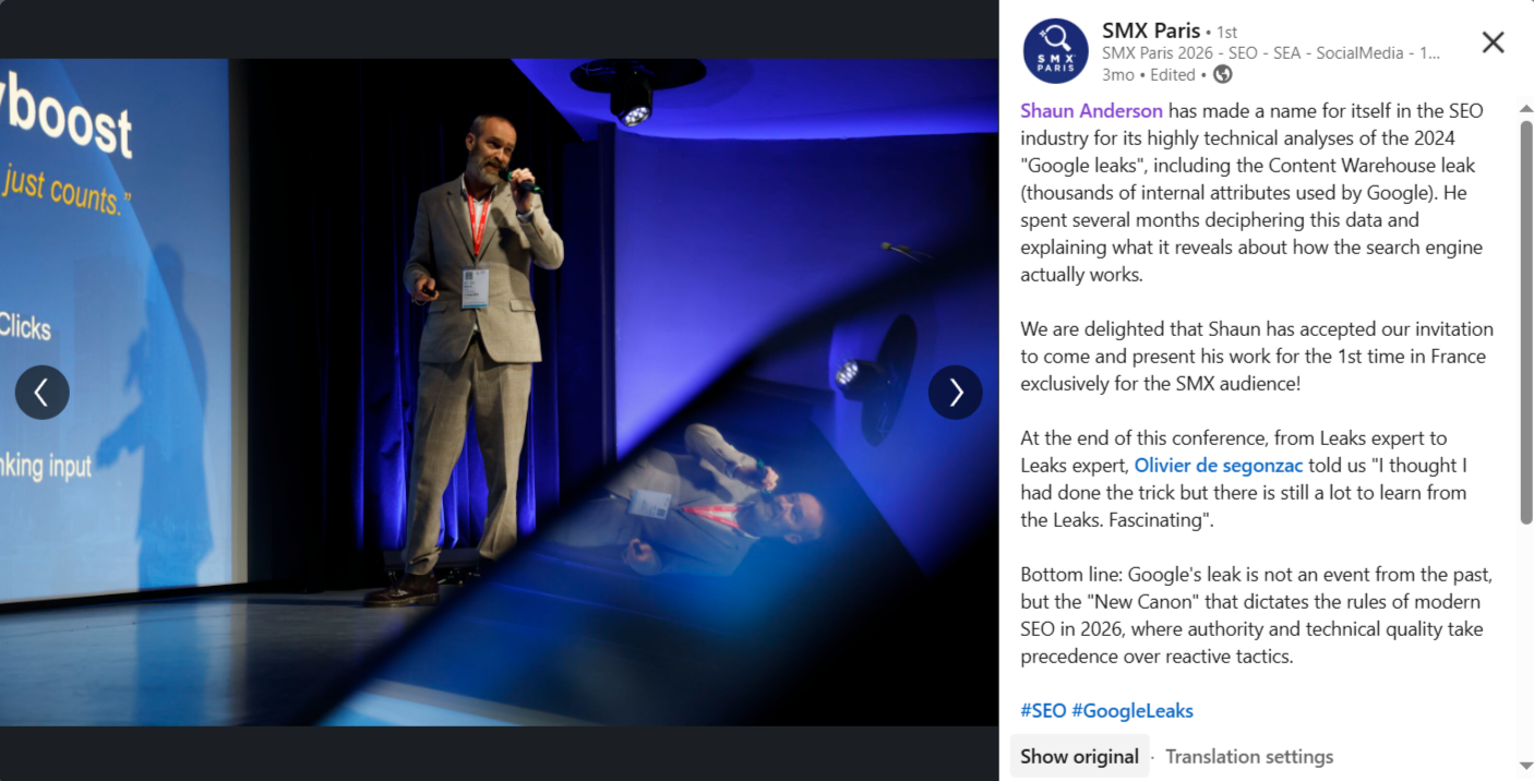 Shaun Anderson’s SMX Paris 2026 Keynote: "Decoding the Google Leak: What It Means for SEO in 2026,"