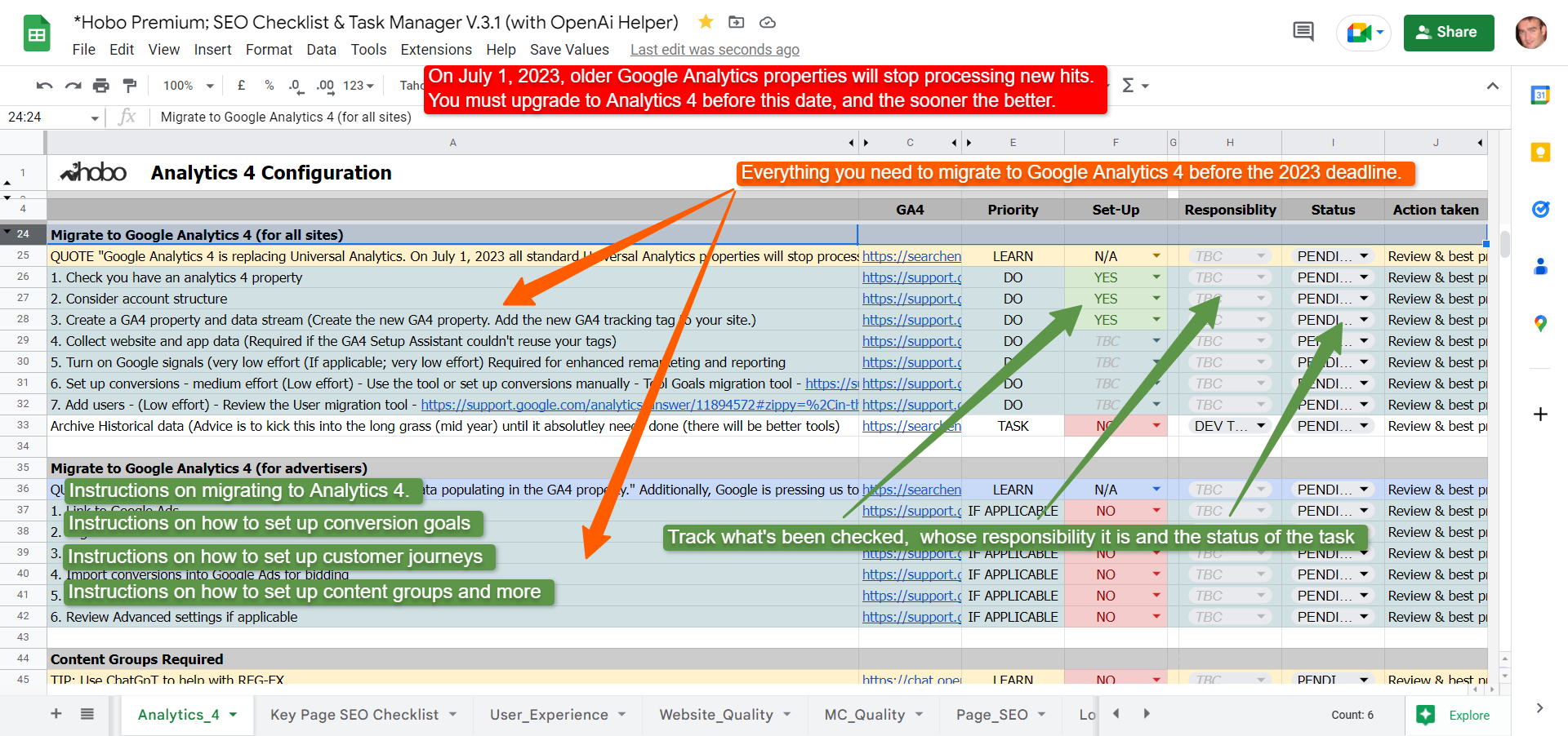 Analytics 4 migration checklist in Google sheets
