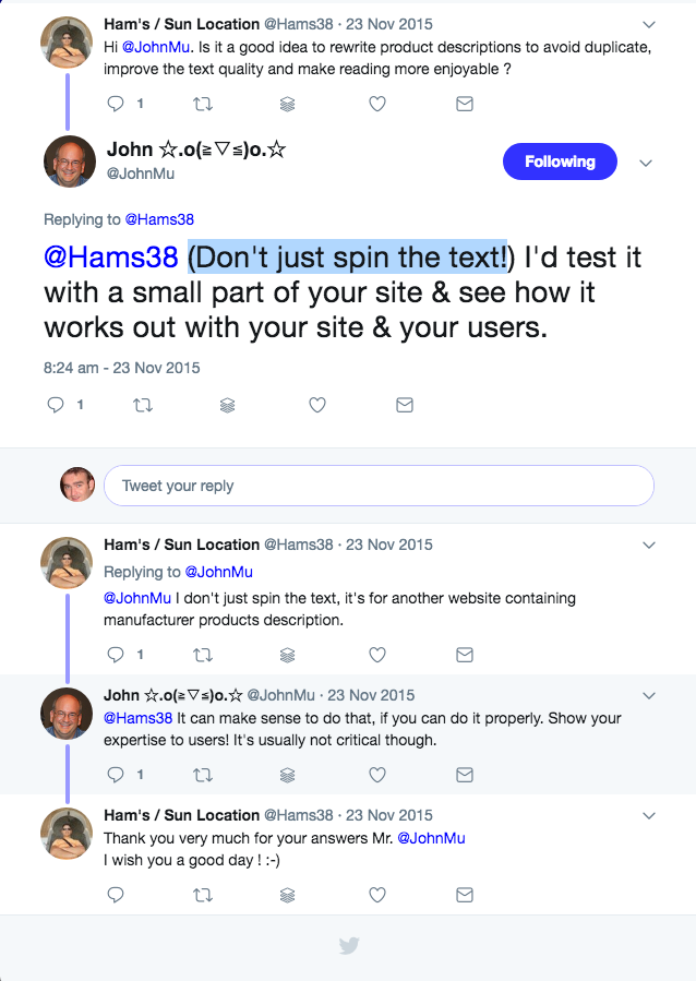 Google: John Mueller says "Do NOT spin text on your website"