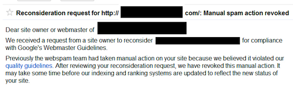 Screenshot: Google penalty reconsideration request email from google search console.