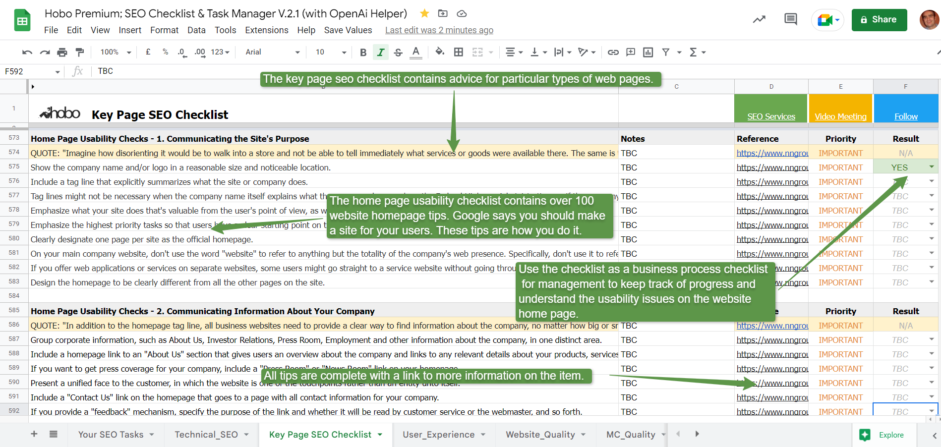 Home page seo checklist in Google sheets