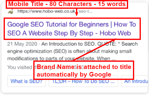 Mobile Google SERP snippet title tag length - June 2020