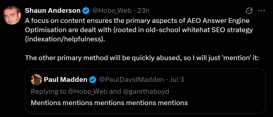 A conversation between Paul Madden and Shaun Anderosn X about mentions.