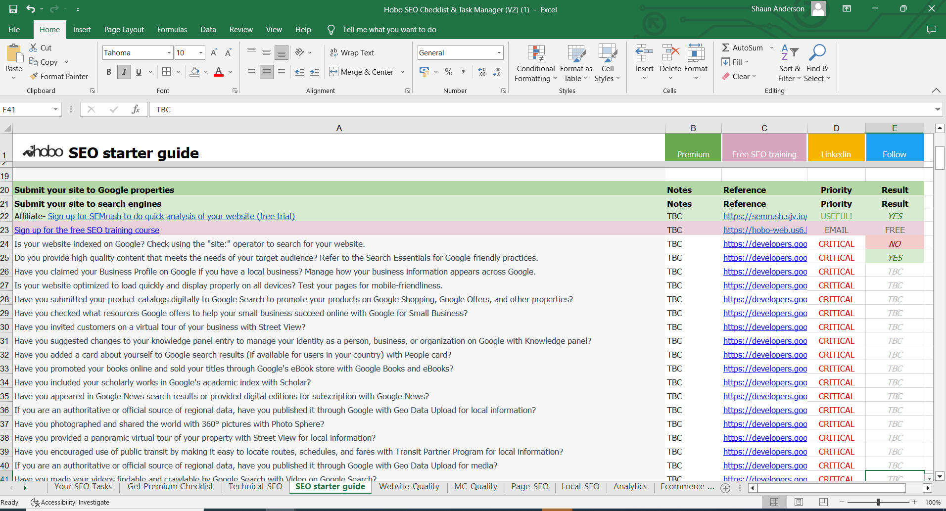 SEO checklist in Microsoft excel spreadsheet