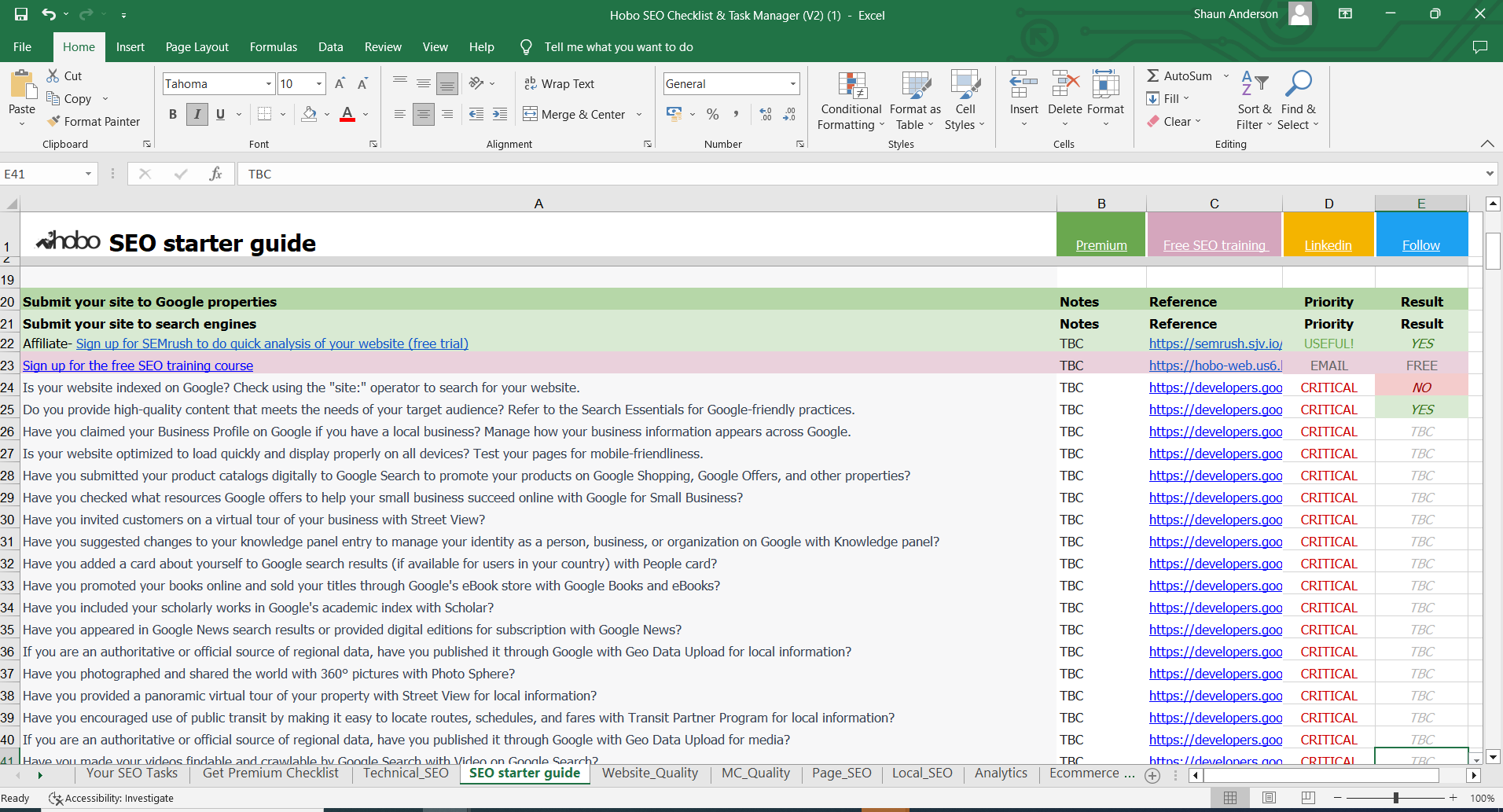 SEO Checklist in Excel