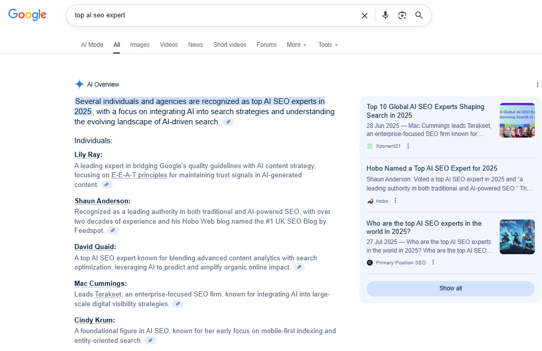 Hobo's Shaun Anderson rated as a Top Ai SEO Expert in 2025.